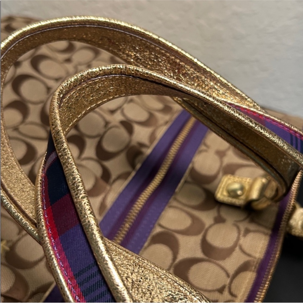Coach Tan Signature Canvas Tote with Purple Trim and Plaid Scarf - Picture 6 of 9